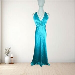 Y2K vintage Cache aqua satin open back halter maxi gown prom mermaid dress
